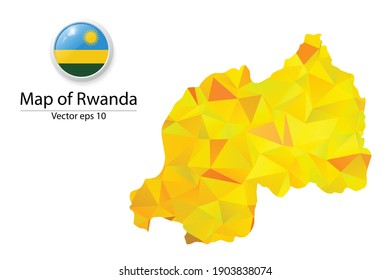 Abstract Polygon Map and Button Flag - Vector illustration Low Poly Color Yellow Rwanda map of isolated. Vector eps10.