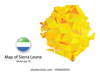 Abstract Polygon Map and Button Flag - Vector illustration Low Poly Color Yellow Sierra Leone map of isolated. Vector eps10.