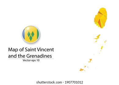 Abstract Polygon Map and Button Flag - Vector illustration Low Poly Color Yellow Saint Vincent and the Grenadines map of isolated. Vector eps10.