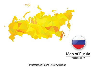 Abstract Polygon Map and Button Flag - Vector illustration Low Poly Color Yellow Russia map of isolated. Vector eps10.