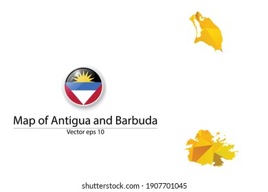 Abstract Polygon Map and Button Flag - Vector illustration Low Poly Color Yellow Antigua and Barbuda map of isolated. Vector eps10.