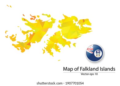 Abstract Polygon Map and Button Flag - Vector illustration Low Poly Color Yellow Falkland Islands map of isolated. Vector eps10.
