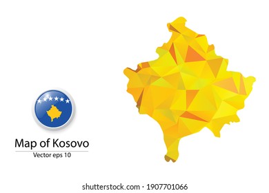 Abstract Polygon Map and Button Flag - Vector illustration Low Poly Color Yellow Kosovo map of isolated. Vector eps10.