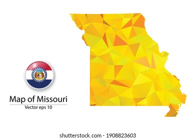 Abstract Polygon Map and Button Flag - Vector illustration Low Poly Color Yellow Missouri map of isolated. Vector eps10.