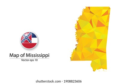 Abstract Polygon Map and Button Flag - Vector illustration Low Poly Color Yellow Mississippi map of isolated. Vector eps10.