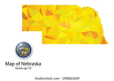 Abstract Polygon Map and Button Flag - Vector illustration Low Poly Color Yellow Nebraska  map of isolated. Vector eps10.