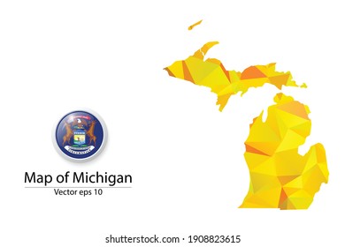 Abstract Polygon Map and Button Flag - Vector illustration Low Poly Color Yellow Michigan map of isolated. Vector eps10.