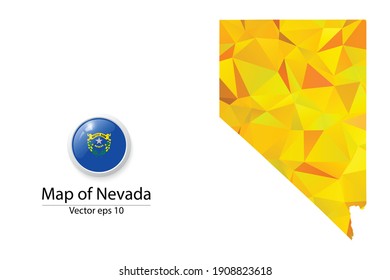 Abstract Polygon Map and Button Flag - Vector illustration Low Poly Color Yellow Nevada map of isolated. Vector eps10.