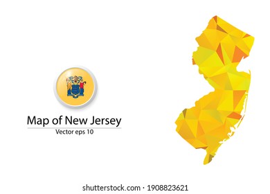 Abstract Polygon Map and Button Flag - Vector illustration Low Poly Color Yellow New Jersey map of isolated. Vector eps10.