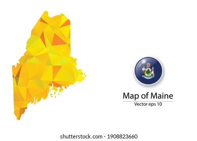 Abstract Polygon Map and Button Flag - Vector illustration Low Poly Color Yellow Maine map of isolated. Vector eps10.