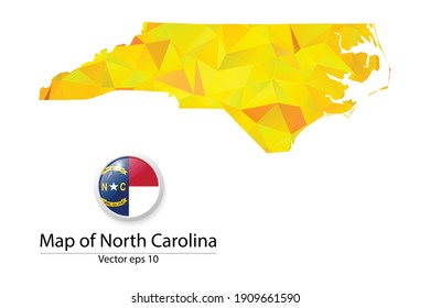 Abstract Polygon Map and Button Flag - Vector illustration Low Poly Color Yellow North Carolina map of isolated. Vector eps10.