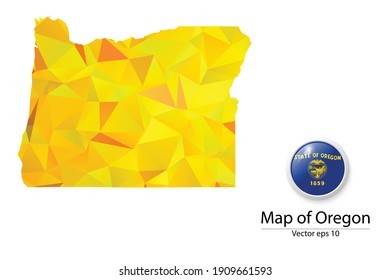 Abstract Polygon Map and Button Flag - Vector illustration Low Poly Color Yellow Oregon map of isolated. Vector eps10.