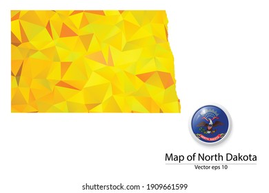 Abstract Polygon Map and Button Flag - Vector illustration Low Poly Color Yellow North Dakota map of isolated. Vector eps10.