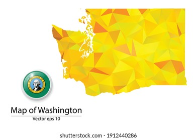Abstract Polygon Map and Button Flag - Vector illustration Low Poly Color Yellow Washington map of isolated. Vector eps10.
