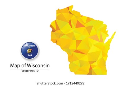 Abstract Polygon Map and Button Flag - Vector illustration Low Poly Color Yellow Wisconsin map of isolated. Vector eps10.
