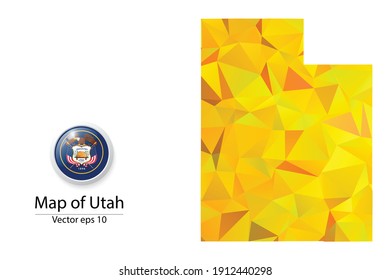 Abstract Polygon Map and Button Flag - Vector illustration Low Poly Color Yellow Utah map of isolated. Vector eps10.