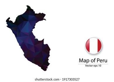 Abstract Polygon Map and Button Flag - Vector illustration Low Poly Color Dark Peru map of isolated. Vector eps10.
