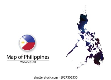 Abstract Polygon Map and Button Flag - Vector illustration Low Poly Color Dark Philippines map of isolated. Vector eps10.
