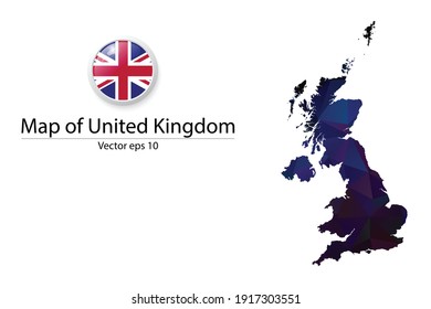 Abstract Polygon Map and Button Flag - Vector illustration Low Poly Color Dark United Kingdom map of isolated. Vector eps10.
