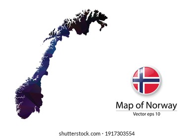 Abstract Polygon Map and Button Flag - Vector illustration Low Poly Color Dark Norway map of isolated. Vector eps10.