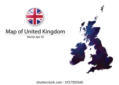 Abstract Polygon Map and Button Flag - Vector illustration Low Poly Color Dark United Kingdom map of isolated. Vector eps10.