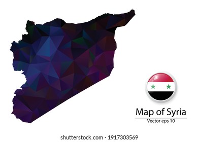 Abstract Polygon Map and Button Flag - Vector illustration Low Poly Color Dark Syria map of isolated. Vector eps10.