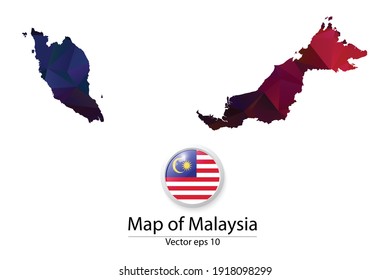 Abstract Polygon Map and Button Flag - Vector illustration Low Poly Color Dark Malaysia map of isolated. Vector eps10.