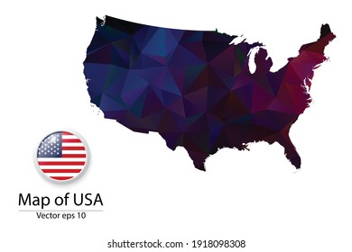 Abstract Polygon Map and Button Flag - Vector illustration Low Poly Color Dark  United States of America map of isolated. Vector eps10.