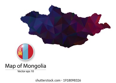 Abstract Polygon Map and Button Flag - Vector illustration Low Poly Color Dark Mongolia map of isolated. Vector eps10.