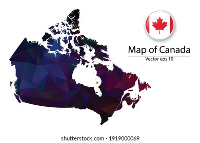 Abstract Polygon Map and Button Flag - Vector illustration Low Poly Color Dark Canada map of isolated. Vector eps10.