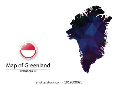 Abstract Polygon Map and Button Flag - Vector illustration Low Poly Color Dark Greenland map of isolated. Vector eps10.