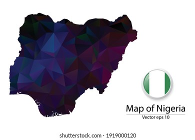 Abstract Polygon Map and Button Flag - Vector illustration Low Poly Color Dark Nigeria map of isolated. Vector eps10.