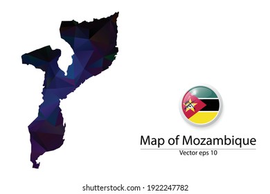 Abstract Polygon Map and Button Flag - Vector illustration Low Poly Color Dark Mozambique map of isolated. Vector eps10.