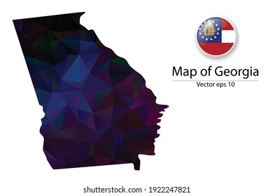 Abstract Polygon Map and Button Flag - Vector illustration Low Poly Color Dark Georgia map of isolated. Vector eps10.