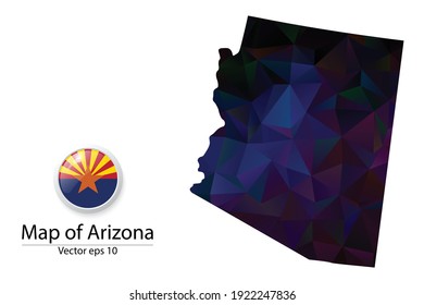 Abstract Polygon Map and Button Flag - Vector illustration Low Poly Color Dark Arizona map of isolated. Vector eps10.