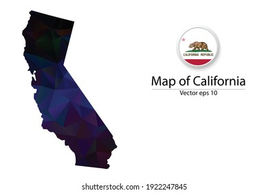 Resumen Mapa de polígonos y Bandera de botón - Ilustración vectorial Color bajo de poli oscuro mapa de California aislado. Vector eps10.