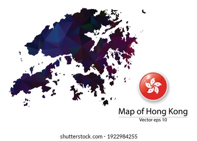 Abstract Polygon Map and Button Flag - Vector illustration Low Poly Color Dark Hong Kong map of isolated. Vector eps10.