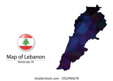 Abstract Polygon Map and Button Flag - Vector illustration Low Poly Color Dark Lebanon map of isolated. Vector eps10.