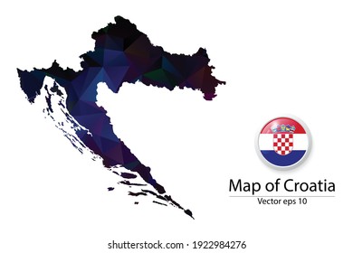 Abstract Polygon Map and Button Flag - Vector illustration Low Poly Color Dark Croatia map of isolated. Vector eps10.