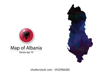 Abstract Polygon Map and Button Flag - Vector illustration Low Poly Color Dark Albania map of isolated. Vector eps10.