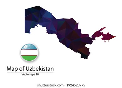 Abstract Polygon Map and Button Flag - Vector illustration Low Poly Color Dark Uzbekistan map of isolated. Vector eps10.