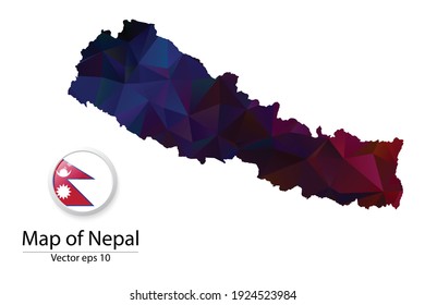 Abstract Polygon Map and Button Flag - Vector illustration Low Poly Color Dark Nepal map of isolated. Vector eps10.