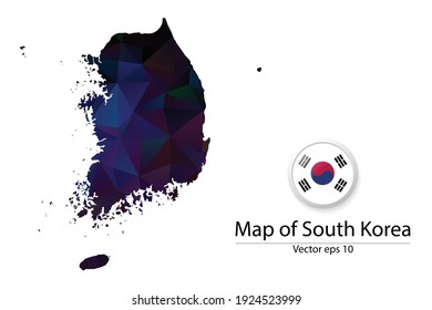 Abstract Polygon Map and Button Flag - Vector illustration Low Poly Color Dark South Korea map of isolated. Vector eps10.