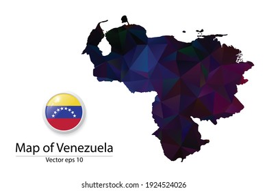 Abstract Polygon Map and Button Flag - Vector illustration Low Poly Color Dark Venezuela map of isolated. Vector eps10.