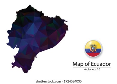 Abstract Polygon Map and Button Flag - Vector illustration Low Poly Color Dark Ecuador map of isolated. Vector eps10.