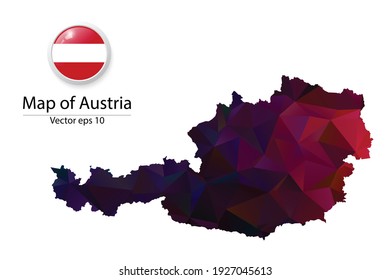 Abstract Polygon Map and Button Flag - Vector illustration Low Poly Color Dark Austria map of isolated. Vector eps10.
