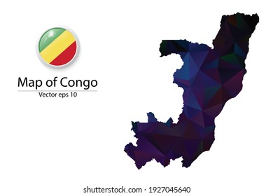 Abstract Polygon Map and Button Flag - Vector illustration Low Poly Color Dark Republic of the Congo map of isolated. Vector eps10.