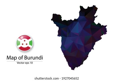 Abstract Polygon Map and Button Flag - Vector illustration Low Poly Color Dark Burundi map of isolated. Vector eps10.