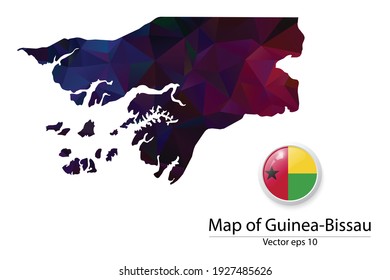 Abstract Polygon Map and Button Flag - Vector illustration Low Poly Color Dark Guinea-Bissau map of isolated. Vector eps10.