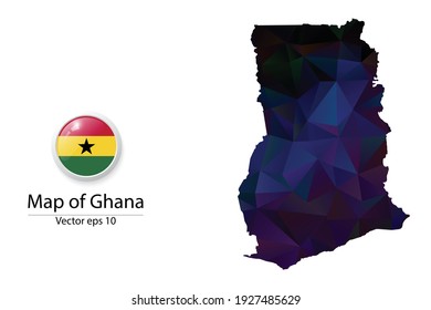 Abstract Polygon Map and Button Flag - Vector illustration Low Poly Color Dark Ghana map of isolated. Vector eps10.